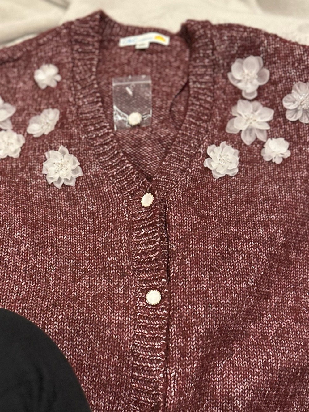 C&C California Burgundy Knit Cardigan with floral embellishments size M